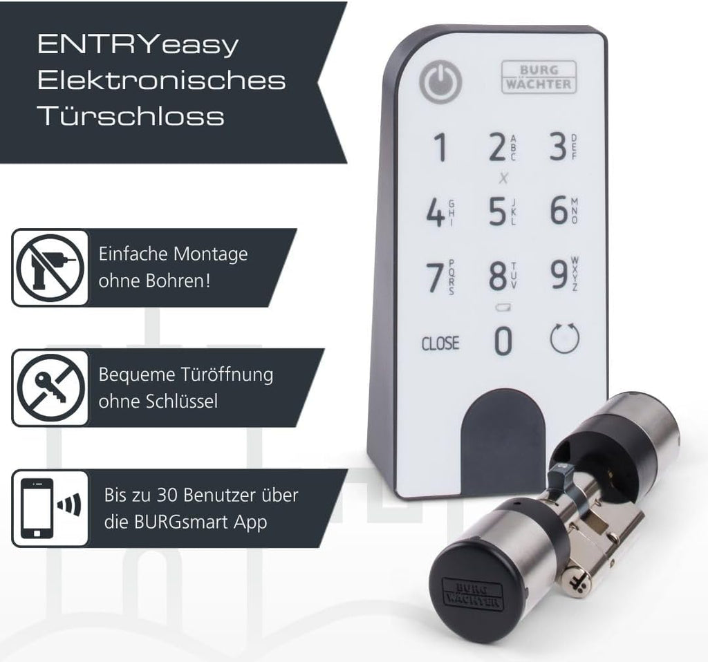 Elektronisches Türschloss, Zylinder und Keypad, Öffnung mit App, Pincode oder Funkschlüssel, ENTRYeasy 7601 PIN, Schwarz/Edelstahl Tastenfeld