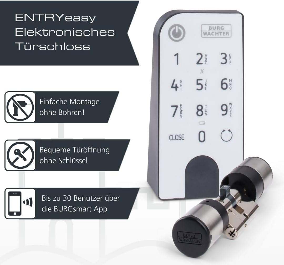 Elektronisches Türschloss, Zylinder und Keypad, Öffnung mit App, Pincode oder Funkschlüssel, ENTRYeasy 7601 PIN, Schwarz/Edelstahl Tastenfeld