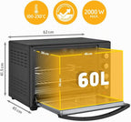 Minibackofen 60L 2000W - Pizzaofen & Backofen, Temperaturregelung bis 230°C, 6 Modi, 60 Min Timer, 4 Einschubhöhen, inkl. Backblech, Grillrost & Drehspieß
