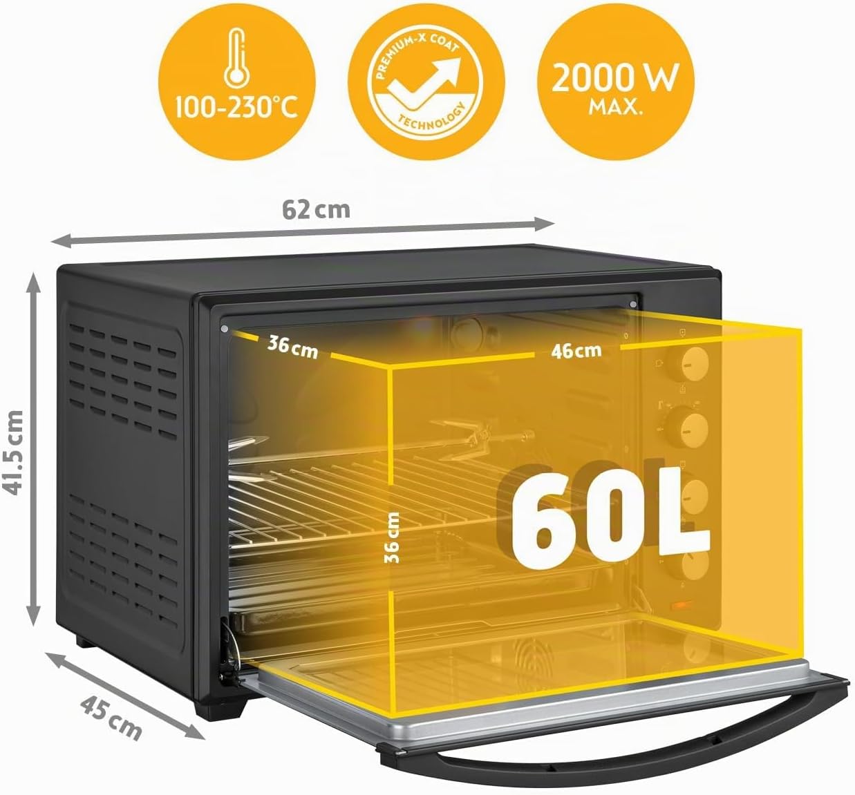 Minibackofen 60L 2000W - Pizzaofen & Backofen, Temperaturregelung bis 230°C, 6 Modi, 60 Min Timer, 4 Einschubhöhen, inkl. Backblech, Grillrost & Drehspieß