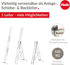 ProfiLOT S100 3-teilige Alu-Kombileiter mit Lot-System, gleicht Unebenheiten aus, 3x12 Profilsprossen, 150 kg, rostfrei, Silber
