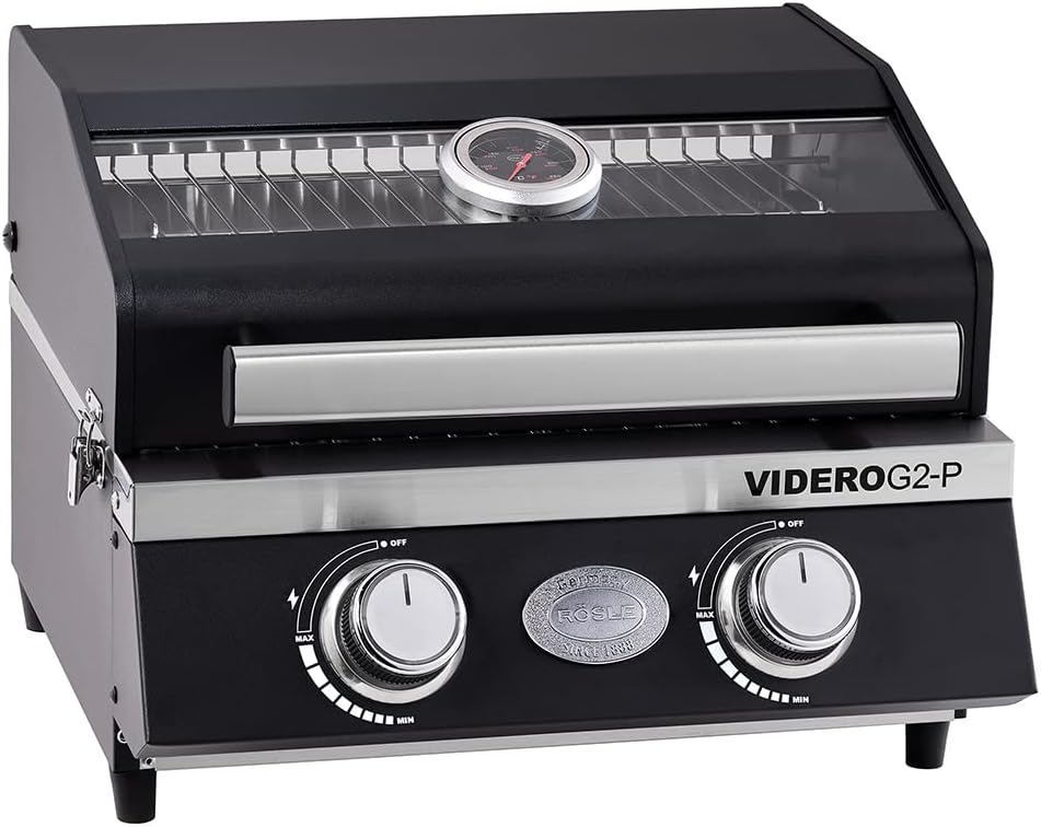 VIDERO G2-P Gasgrill, tragbarer Tischgrill, 2 Edelstahlbrenner, Warmhalterost, Deckel + Glas + Thermometer, pulverbeschichtet, 50 mbar, schwarz