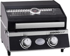 VIDERO G2-P Gasgrill, tragbarer Tischgrill, 2 Edelstahlbrenner, Warmhalterost, Deckel + Glas + Thermometer, pulverbeschichtet, 50 mbar, schwarz