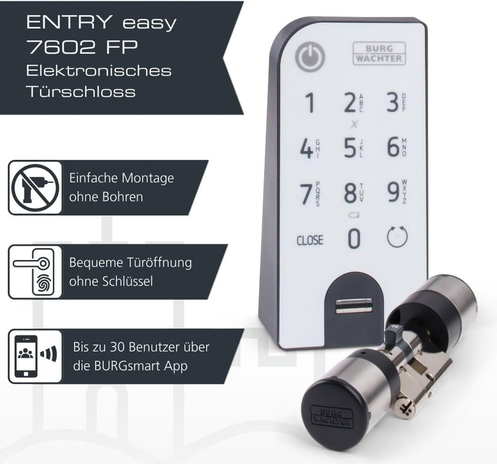 ENTRYeasy 7602 FP elektron. Türschloss, Zylinder + Keypad, Öffnung per App/Fingerprint/Pincode/Funkschlüssel, schwarz/Edelstahl, biometrisch