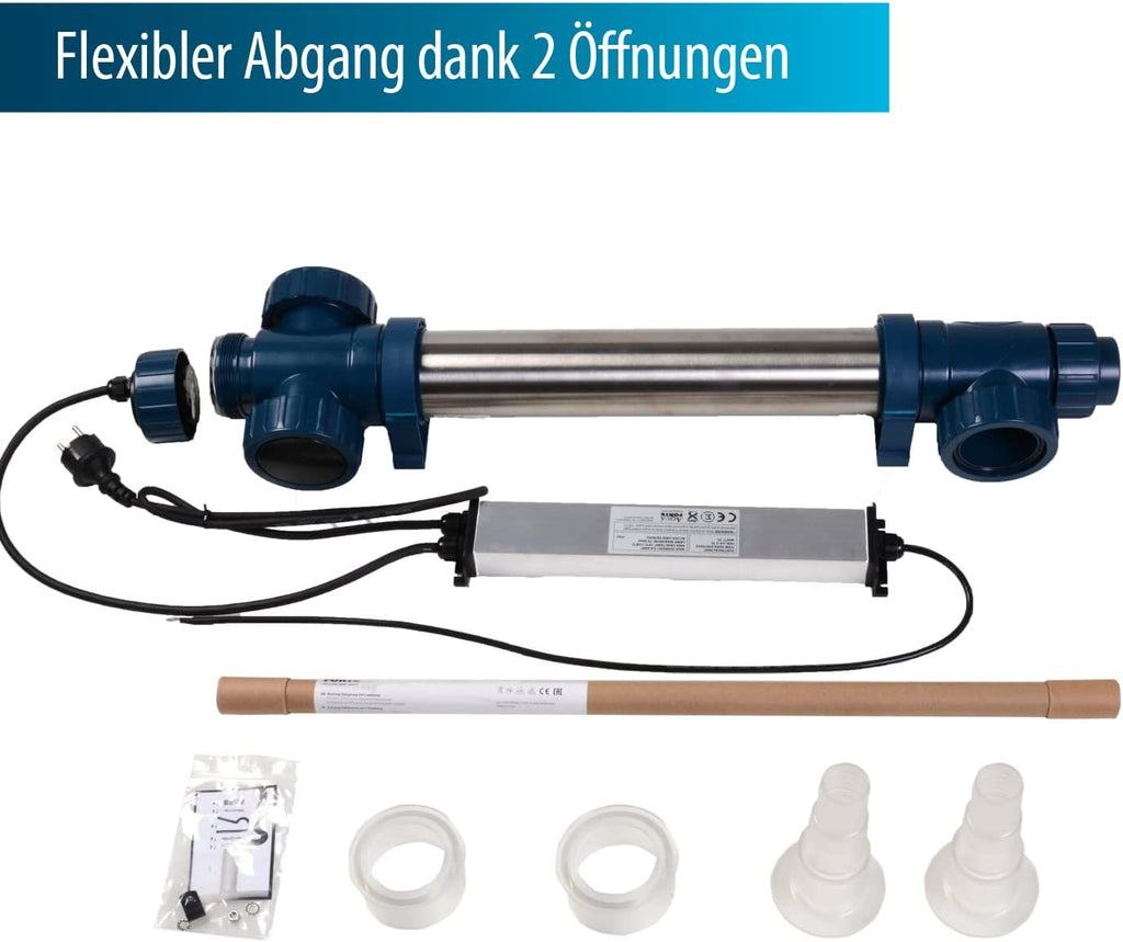 Midi Power UVC 75 Watt, kurze Lampen, Edelstahlgehäuse, max. Durchfluss 20 m³/h, für klaren Teich ohne Chemikalien, silber