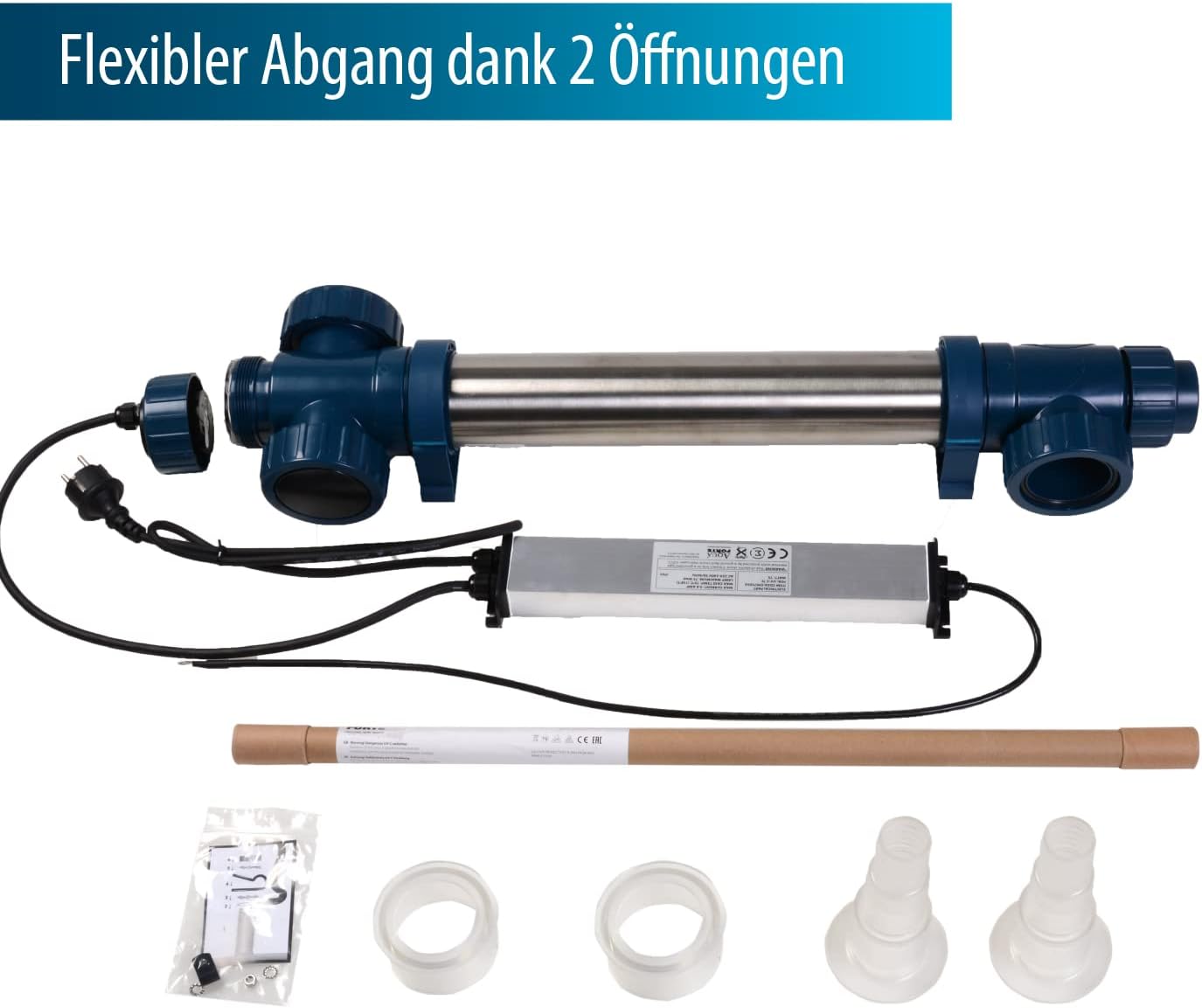 Midi Power UVC 75 Watt, kurze Lampen, Edelstahlgehäuse, max. Durchfluss 20 m³/h, für klaren Teich ohne Chemikalien, silber