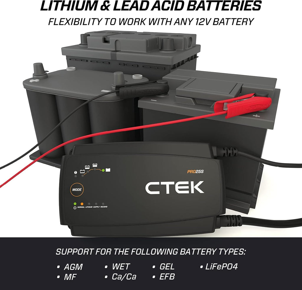PRO25S, 25A, 12V Batterieladegerät & Stromversorgung, LiFePO4 Lithium Ionen Ladegerät für Auto und LKW mit Rekonditionierungs- und Entsulfatierungsmodus
