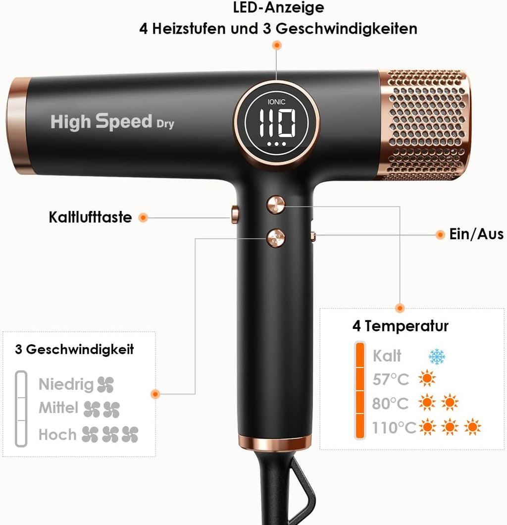 Leichter Haartrockner, 110.000 RPM bürstenloser Motor, schnelles Trocknen, leise, LED, 200 Mio. Ionen, 3 Magnetdüsen, für Zuhause/Salon, tiefschwarz