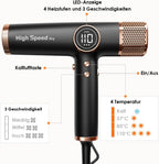 Leichter Haartrockner, 110.000 RPM bürstenloser Motor, schnelles Trocknen, leise, LED, 200 Mio. Ionen, 3 Magnetdüsen, für Zuhause/Salon, tiefschwarz
