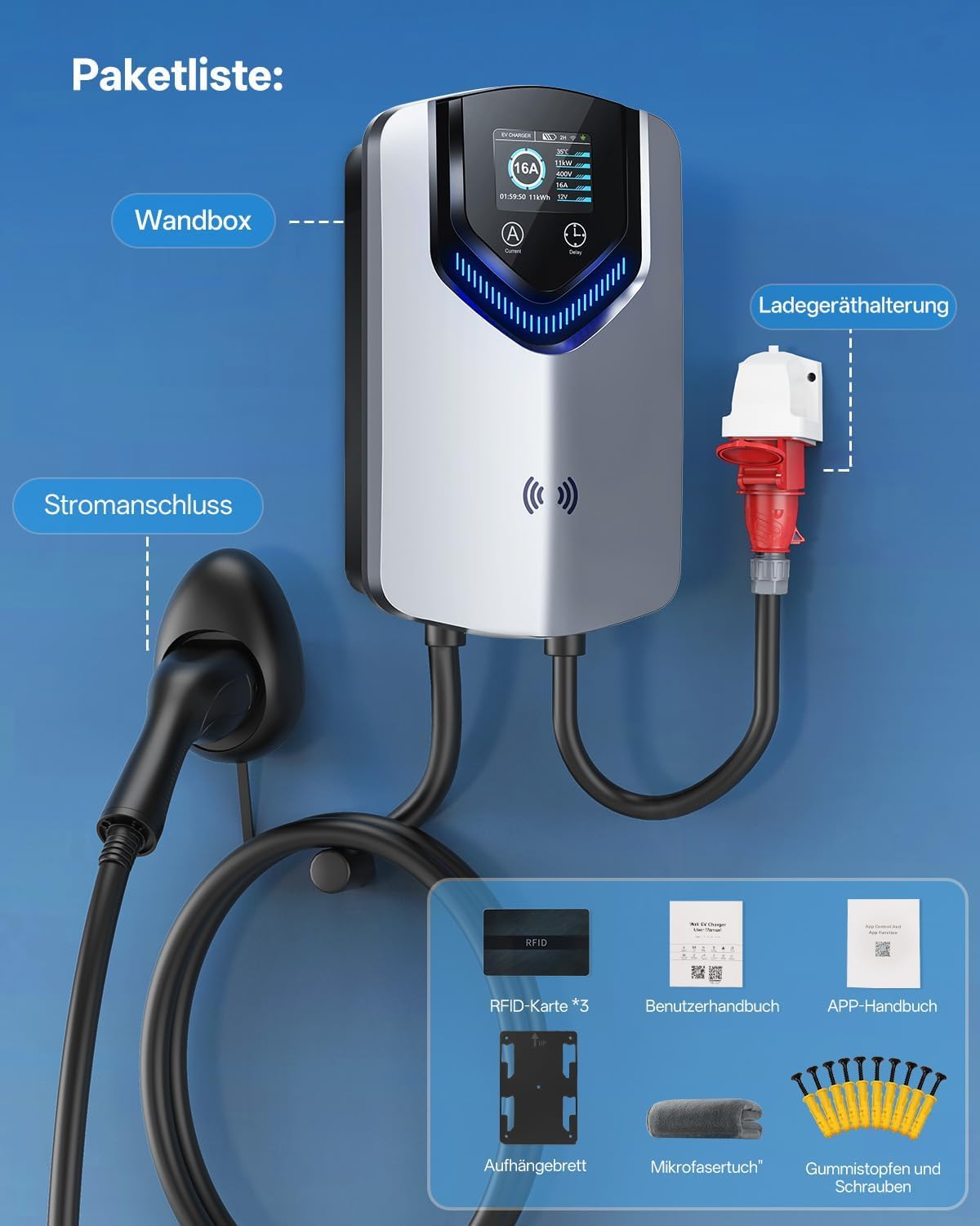11kW Wallbox mit App + RFID, 3-Phasen Typ 2, 400V/6-16A, 8m Kabel + Halter, RCD Typ B, IP54, Startzeit-Einstellung, für BEV/PHEV