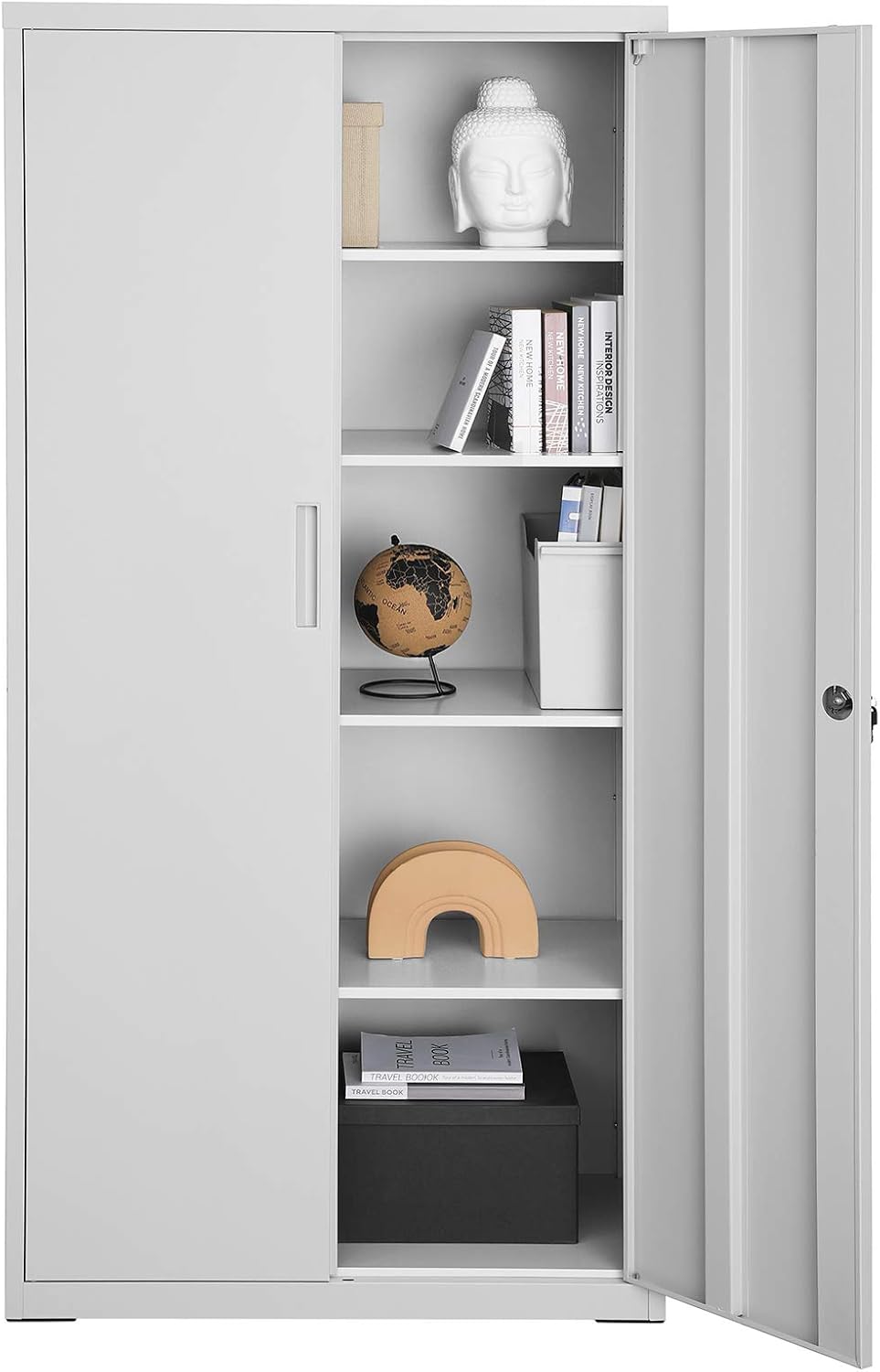 Stahl-Aktenschrank, 5 Ebenen, Doppeltüren + Schloss, verstellbare Ablagen, Mehrzweck-/Werkzeugschrank, für Garage/Büro/Wohnzimmer, grau, OMC015G01