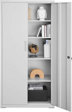 Stahl-Aktenschrank, 5 Ebenen, Doppeltüren + Schloss, verstellbare Ablagen, Mehrzweck-/Werkzeugschrank, für Garage/Büro/Wohnzimmer, grau, OMC015G01