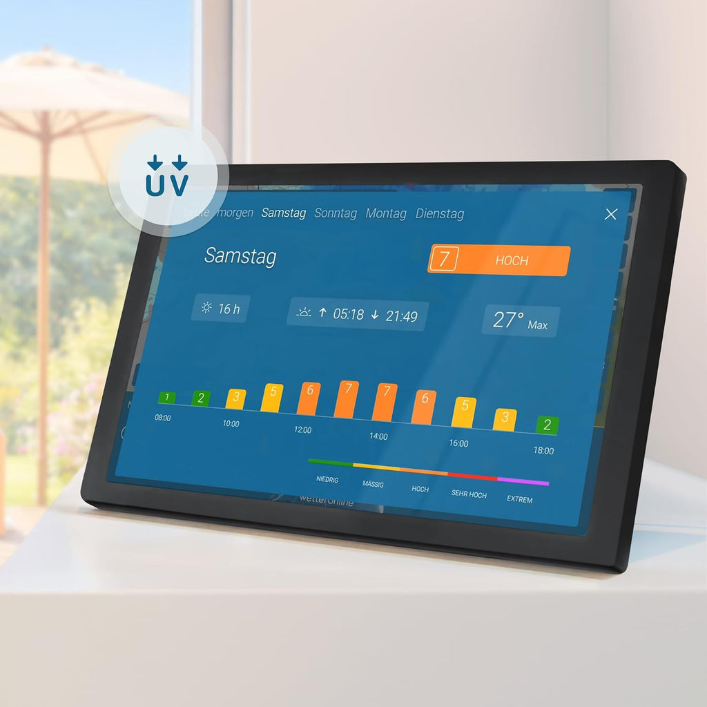4 WetterDisplay WLAN-Wetterstation mit WetterRadar, RegenRadar, Unwetterwarnungen, 14-Tage-Wettervorhersage, HD-Farbdisplay