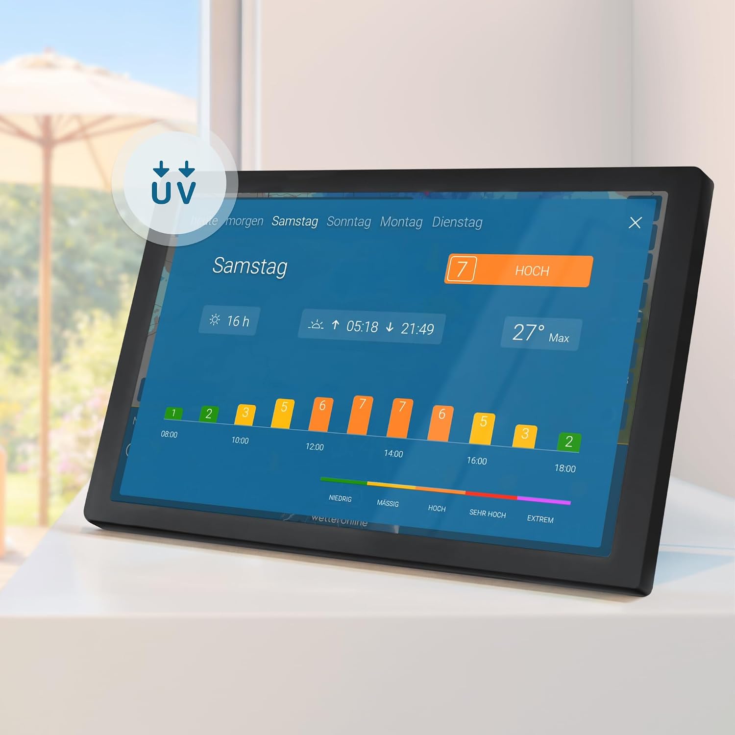 4 WetterDisplay WLAN-Wetterstation mit WetterRadar, RegenRadar, Unwetterwarnungen, 14-Tage-Wettervorhersage, HD-Farbdisplay