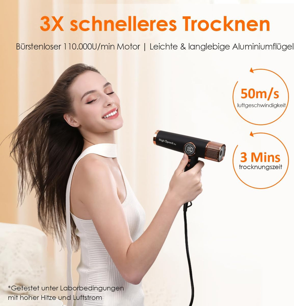 Leichter Haartrockner, 110.000 RPM bürstenloser Motor, schnelles Trocknen, leise, LED, 200 Mio. Ionen, 3 Magnetdüsen, für Zuhause/Salon, tiefschwarz