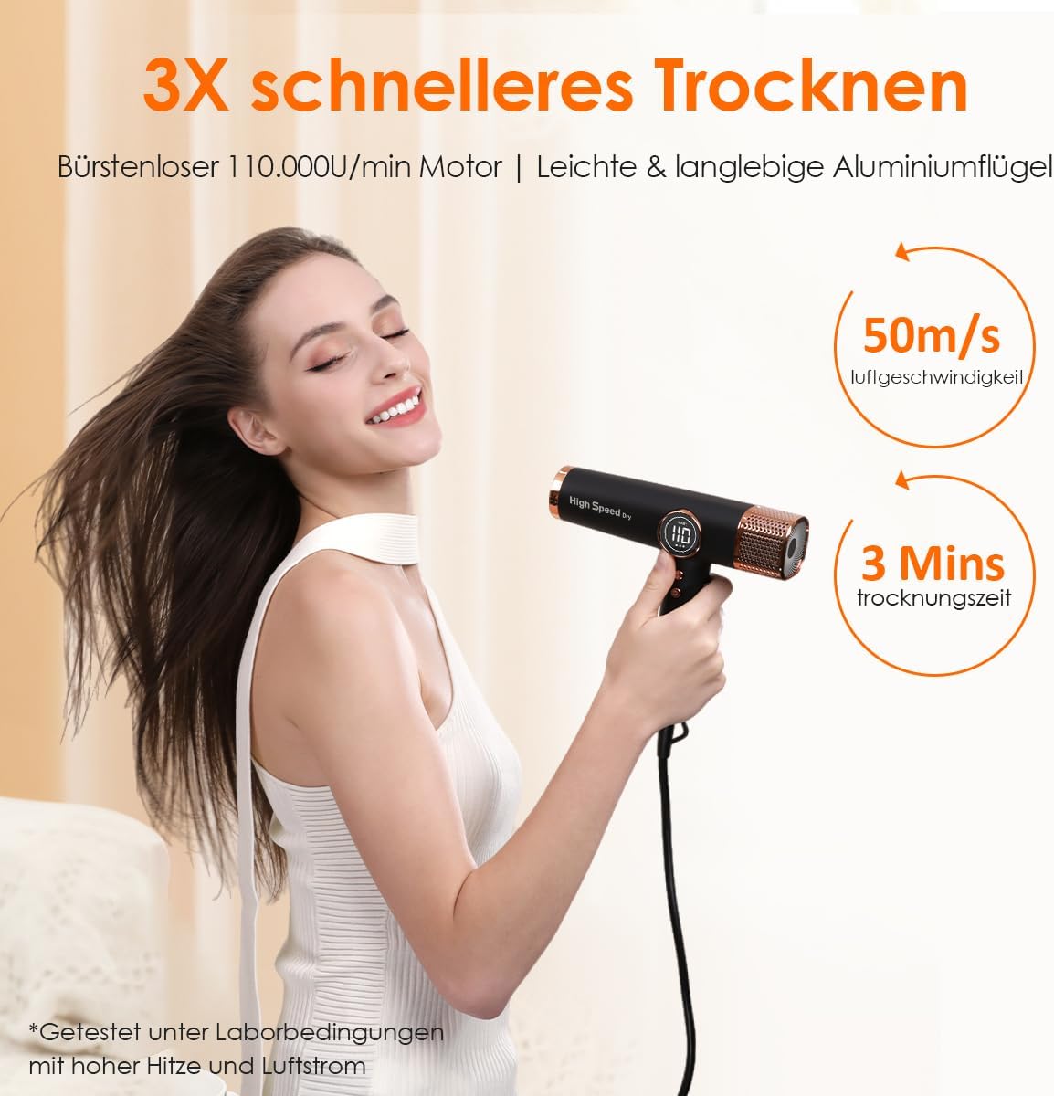 Leichter Haartrockner, 110.000 RPM bürstenloser Motor, schnelles Trocknen, leise, LED, 200 Mio. Ionen, 3 Magnetdüsen, für Zuhause/Salon, tiefschwarz