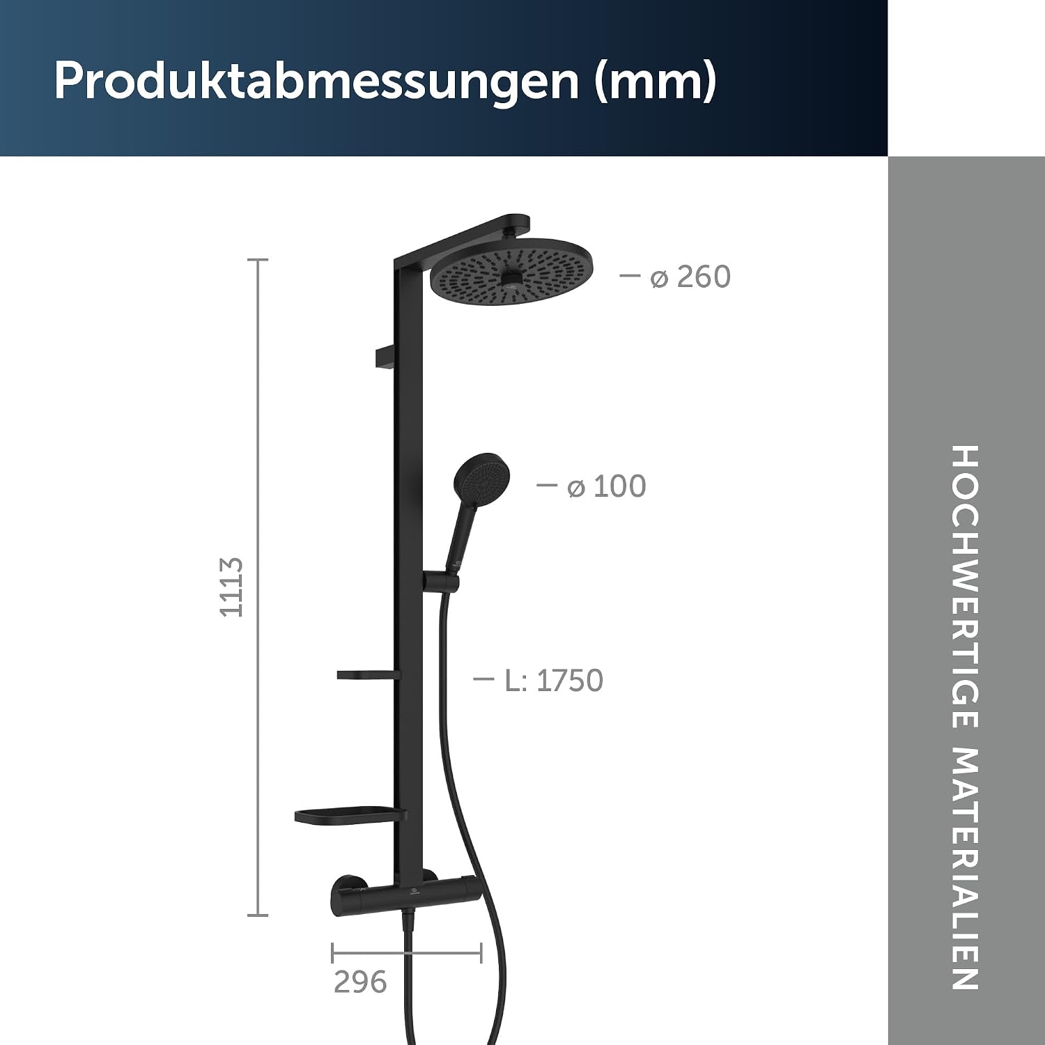 Ceratherm Alu+ Duschsystem, 100% recyceltes Aluminium, Wassersparende Brause, variable Strahlarten, Verbrühschutz, Schwarz Matt (356x501x1113 mm)
