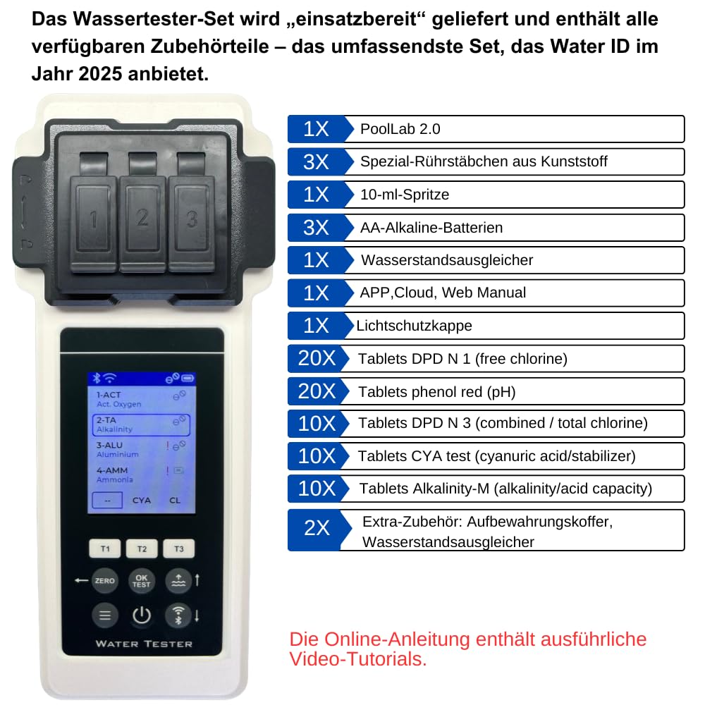 2.0 Premium Wasseranalyse-Set, 27 Parameter, WiFi + BT + App, für Pool/Spa/Whirlpool, inkl. Koffer + Wasserstandsausgleicher, Sonderedition