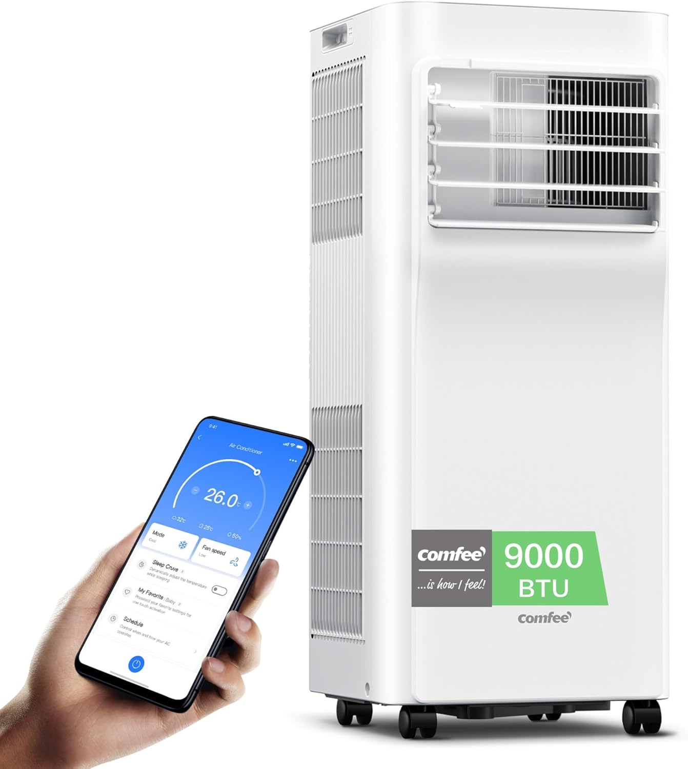 Breezy Cool Pro 2.6 Klimagerät, 9000 BTU, 2,6kW, Kühlen/Ventilieren/Entfeuchten, App, bis 88m³ (33m²), Abluftschlauch, Energie A