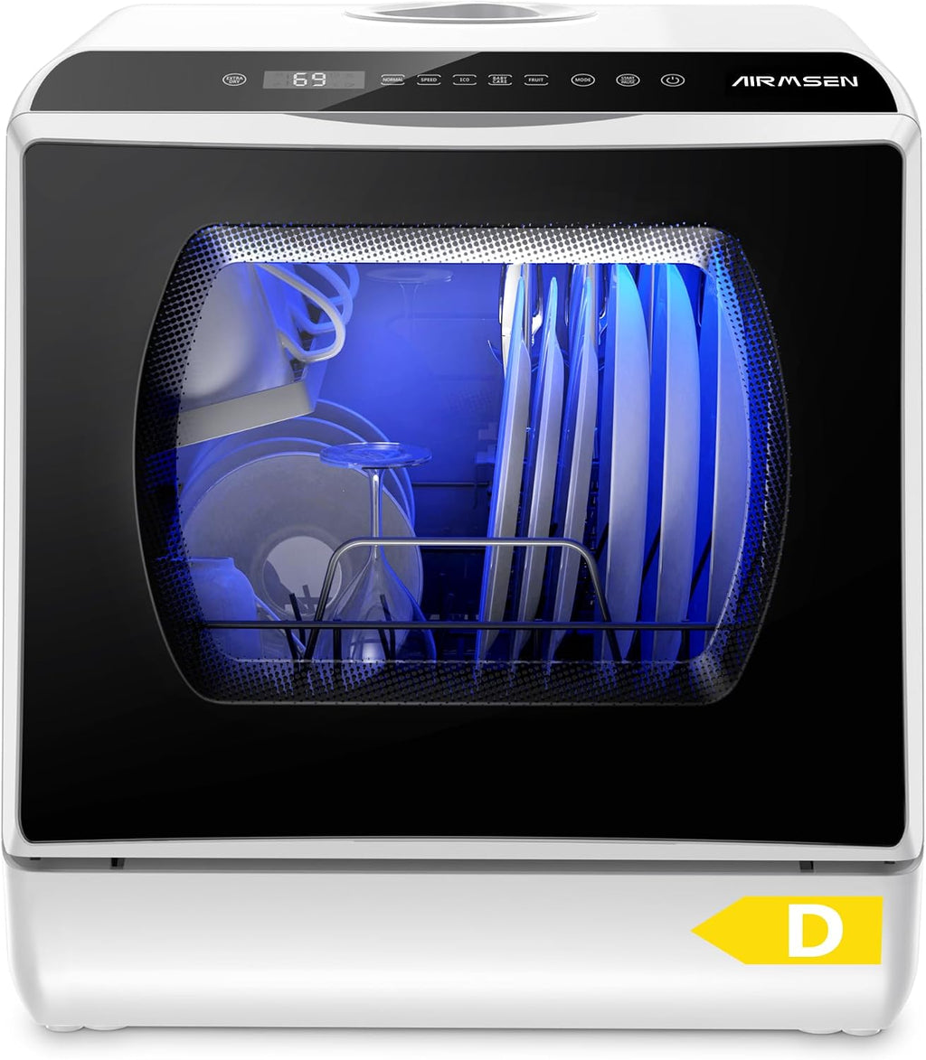 Mini Tischgeschirrspüler, 5+1 Programme, 5L Tank, 2-Wege-Wasser, Touch + LED, für Hausküche/Wohnung/Schlafsaal (Weiß/Schwarz)