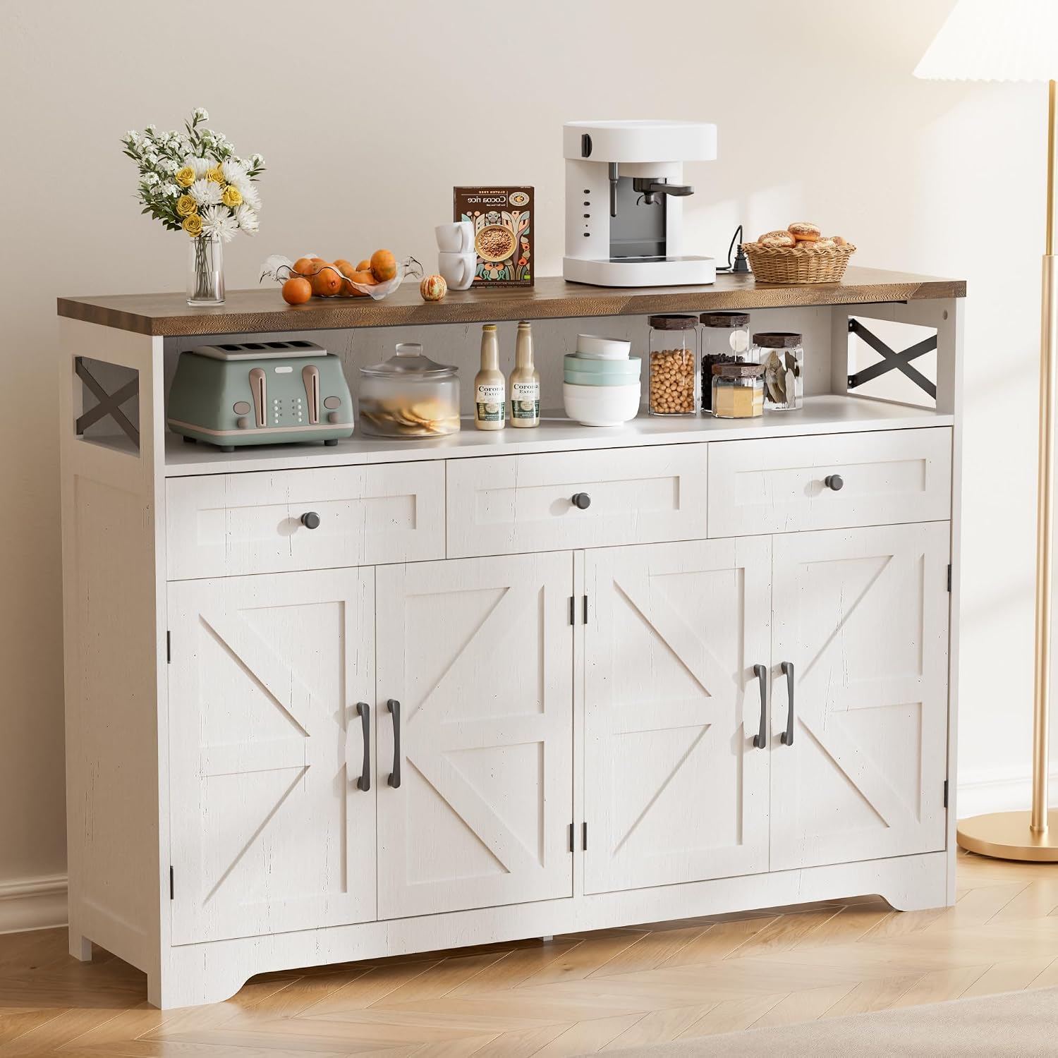 Sideboard mit Schubladen und offenem Regal, Küchenschrank, Anrichte, Kaffeebar Schrank, 130x35x95cm, Cremeweiß in Holzoptik