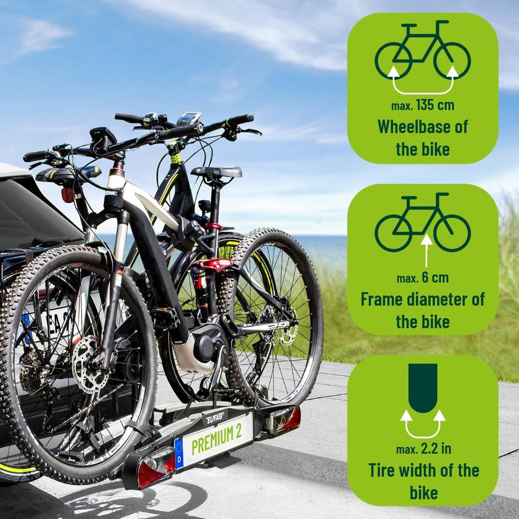 11521 Fahrradträger PREMIUM 2, E-Bike geeignet, komplett vormontiert, Diebstahlschutz, für 2 Fahrräder, für Anhängekupplung, Schwarz, Silber