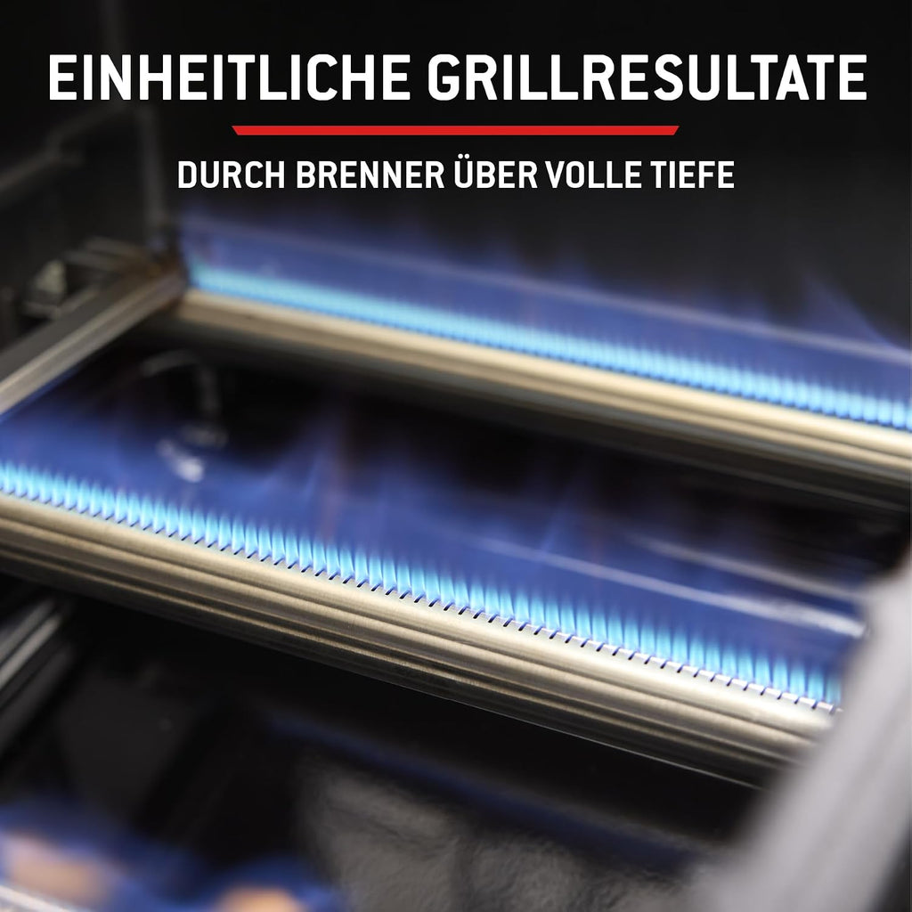 E-310 Gasgrill, 3-Brenner, Snap-Jet Zündung, 51x46cm Grillfläche, robuste Räder, Warmhalterost, Works Seitenablagen kompatibel, Schwarz/Silber