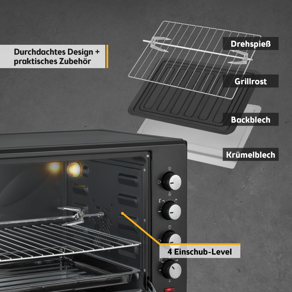 Minibackofen 60L 2000W - Pizzaofen & Backofen, Temperaturregelung bis 230°C, 6 Modi, 60 Min Timer, 4 Einschubhöhen, inkl. Backblech, Grillrost & Drehspieß