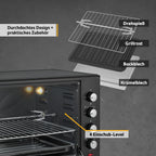 Minibackofen 60L 2000W - Pizzaofen & Backofen, Temperaturregelung bis 230°C, 6 Modi, 60 Min Timer, 4 Einschubhöhen, inkl. Backblech, Grillrost & Drehspieß