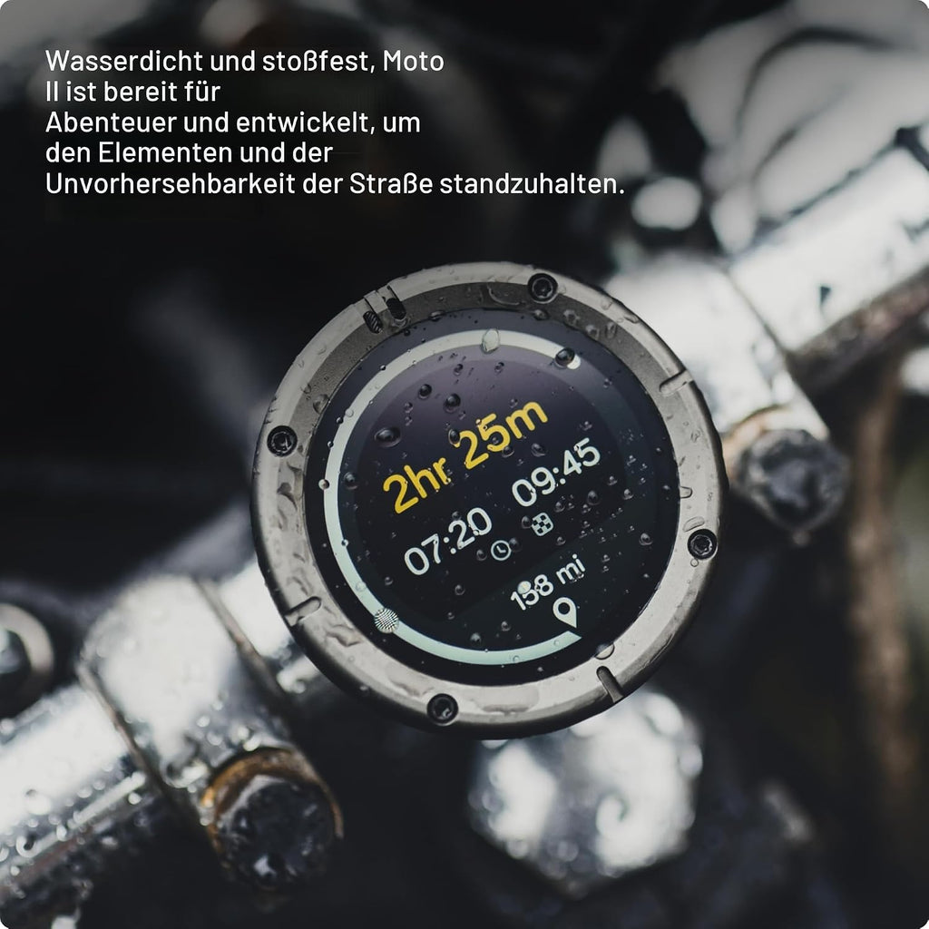 Moto II Navigationsgerät für Motorräder, globale Navigation, Minikarten, 14h Akku, IP67 wasser-/stoßfest, USB-C + Riemenhalterung