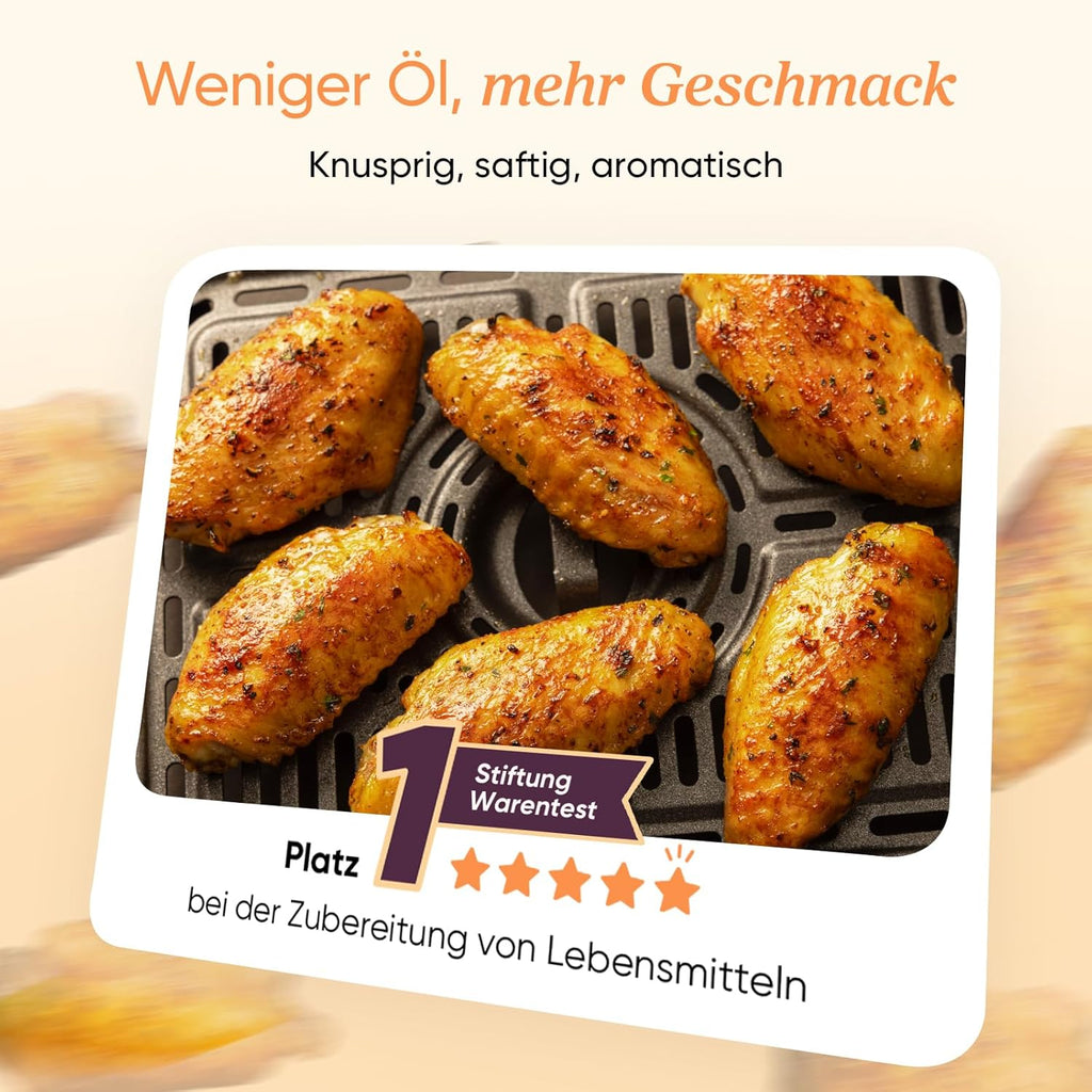Heißluftfritteuse 8,5L 2 Kammern mit Sichtfenster, Testsieger Stiftung Warentest, NTC-Tech für präzise Temperaturkontrolle, Gold, R903