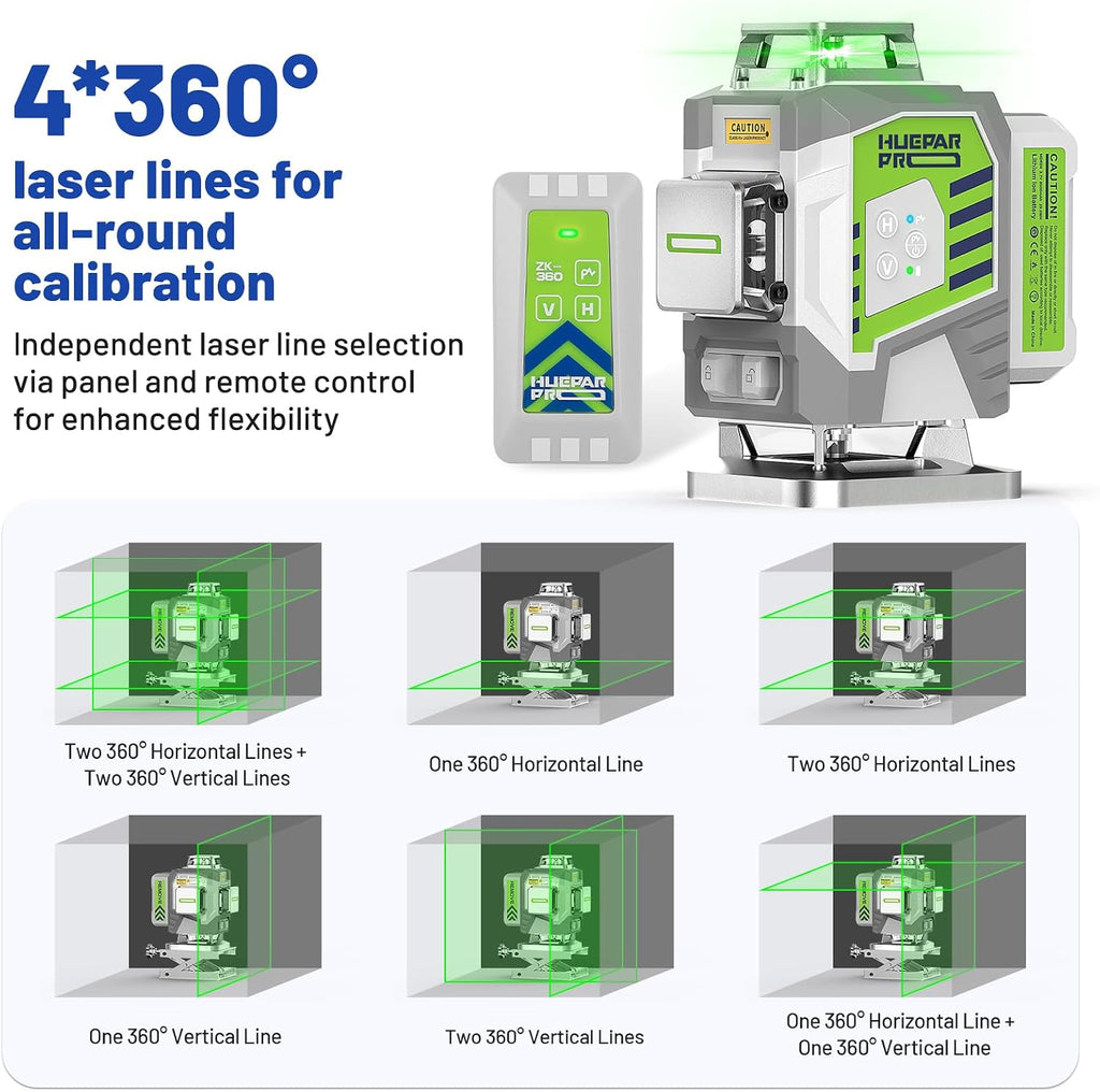 Hochpräziser 4*360 Grad Selbstnivellierend Grün 4D Kreuzlinienlaser, 8000mAh Li-Ion Akku, Fernsteuerung, Hartschalenkoffer ZK04CG