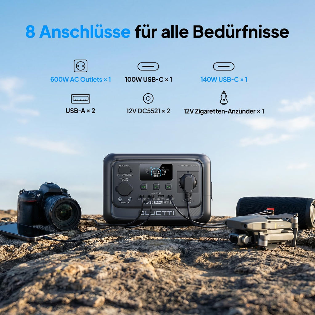 Elite 30 V2 Powerstation, 288 Wh LFP, 600W AC (Power Lifting 1500W), lädt in 70 Min., Solargenerator für Camping/Vans/Notfälle (Solarpanel opt.)