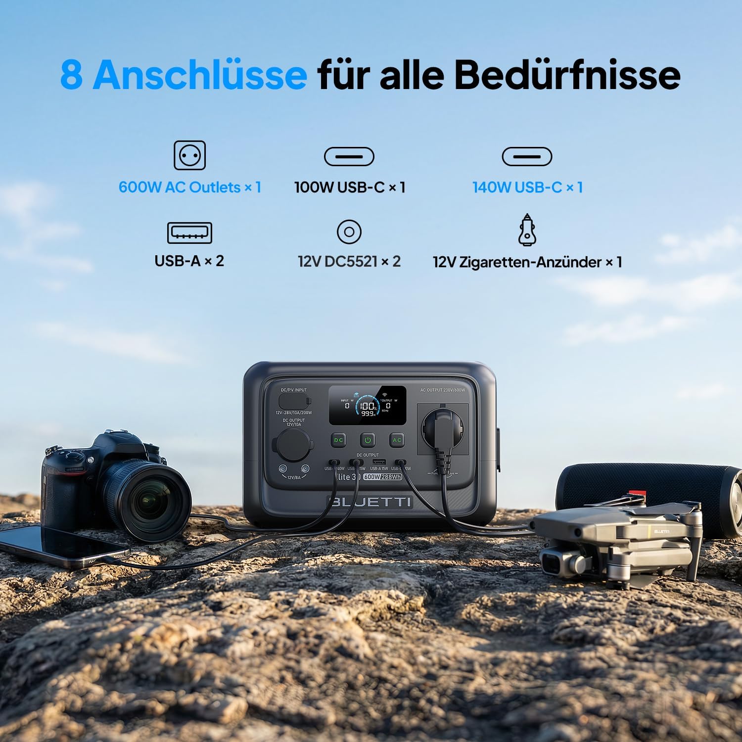 Elite 30 V2 Powerstation, 288 Wh LFP, 600W AC (Power Lifting 1500W), lädt in 70 Min., Solargenerator für Camping/Vans/Notfälle (Solarpanel opt.)