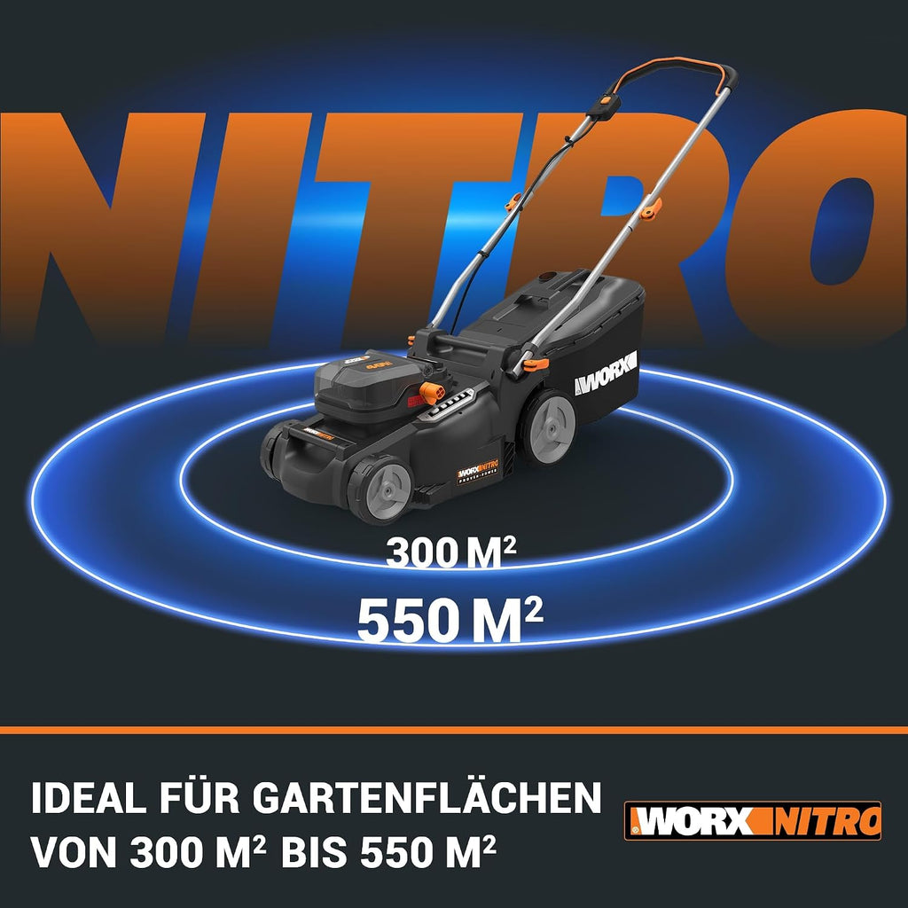 WG737E Nitro Akku-Rasenmäher 40V (2x20V) bürstenloser Motor, 37cm Schnittbreite, 6 Höhenstufen (20-70mm), 40L Grasfangsack, 2x4Ah Akkus & Dual-Ladegerät