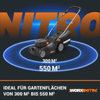 WG737E Nitro Akku-Rasenmäher 40V (2x20V) bürstenloser Motor, 37cm Schnittbreite, 6 Höhenstufen (20-70mm), 40L Grasfangsack, 2x4Ah Akkus & Dual-Ladegerät