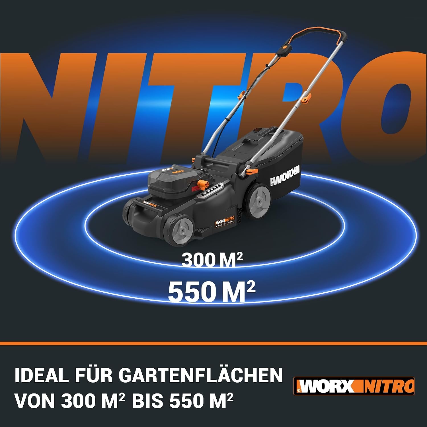 WG737E Nitro Akku-Rasenmäher 40V (2x20V) bürstenloser Motor, 37cm Schnittbreite, 6 Höhenstufen (20-70mm), 40L Grasfangsack, 2x4Ah Akkus & Dual-Ladegerät