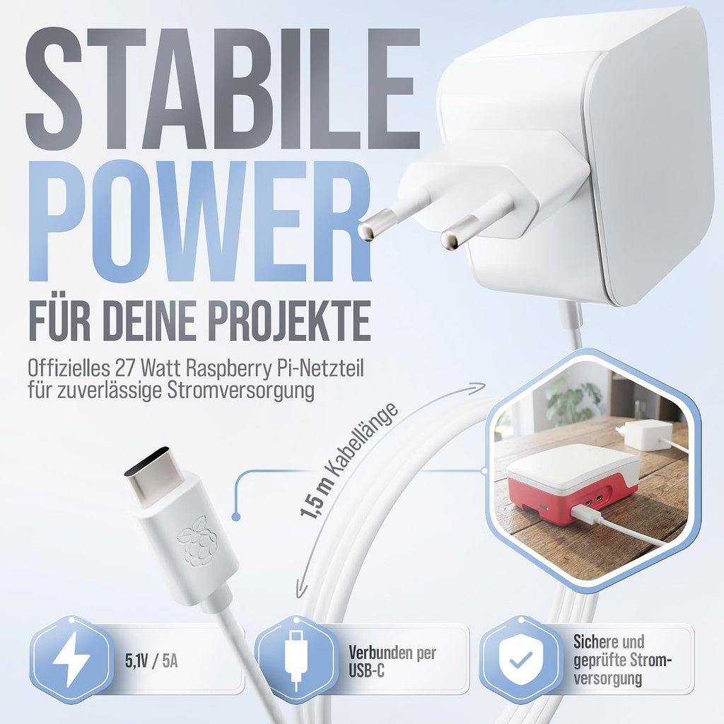 Raspberry Pi 5 8GB 128GB Starter Set mit 27W Netzteil, Lüfter-Gehäuse & 4K Micro HDMI Kabel - Ideal für Smart Home, Retro Gaming & Home Assistant