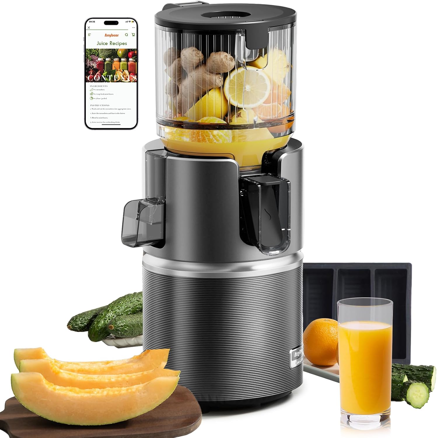 Entsafter, 124 mm Einfüllschacht, 350W, Slow Juicer, Doppel-Zerkleinerung, für ganze Früchte/Gemüse, hohe Saftausbeute, BPA-frei, Tritan, grau