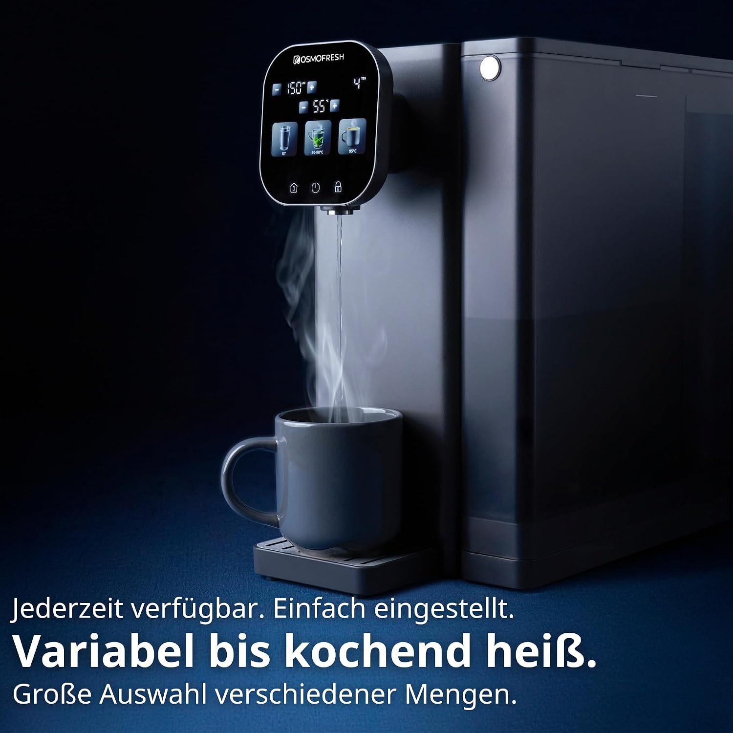 Fusion Air Auftisch-Osmoseanlage, ohne Installation, Heißwasserspender, Filterung + Mineralien, 3x UV-C LED, Abwasser 2:1, TÜV-zertifiziert
