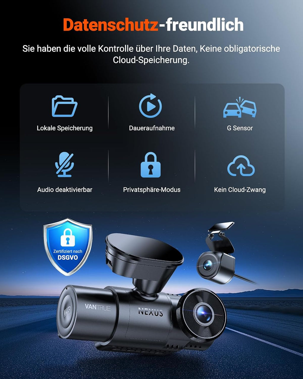 N4S 3-Kanal Dashcam 2.7K+2.5K+1440P Vorne Hinten Innen, STARVIS 2 HDR Nachtsicht, 5GHz WLAN GPS, 24h Parküberwachung G-Sensor, Max 1TB, CPL optional