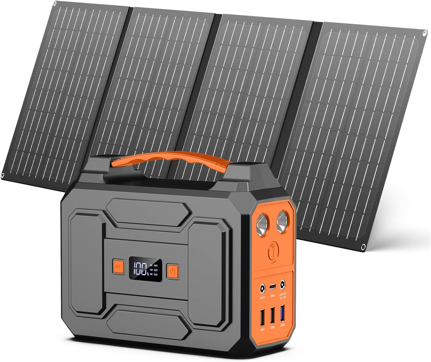 Powerstation 99Wh + 40W Solarpanel, 100W Solargenerator, 230V AC, 18W USB-A/C, für Wohnmobil/Camping, schwarz-orange