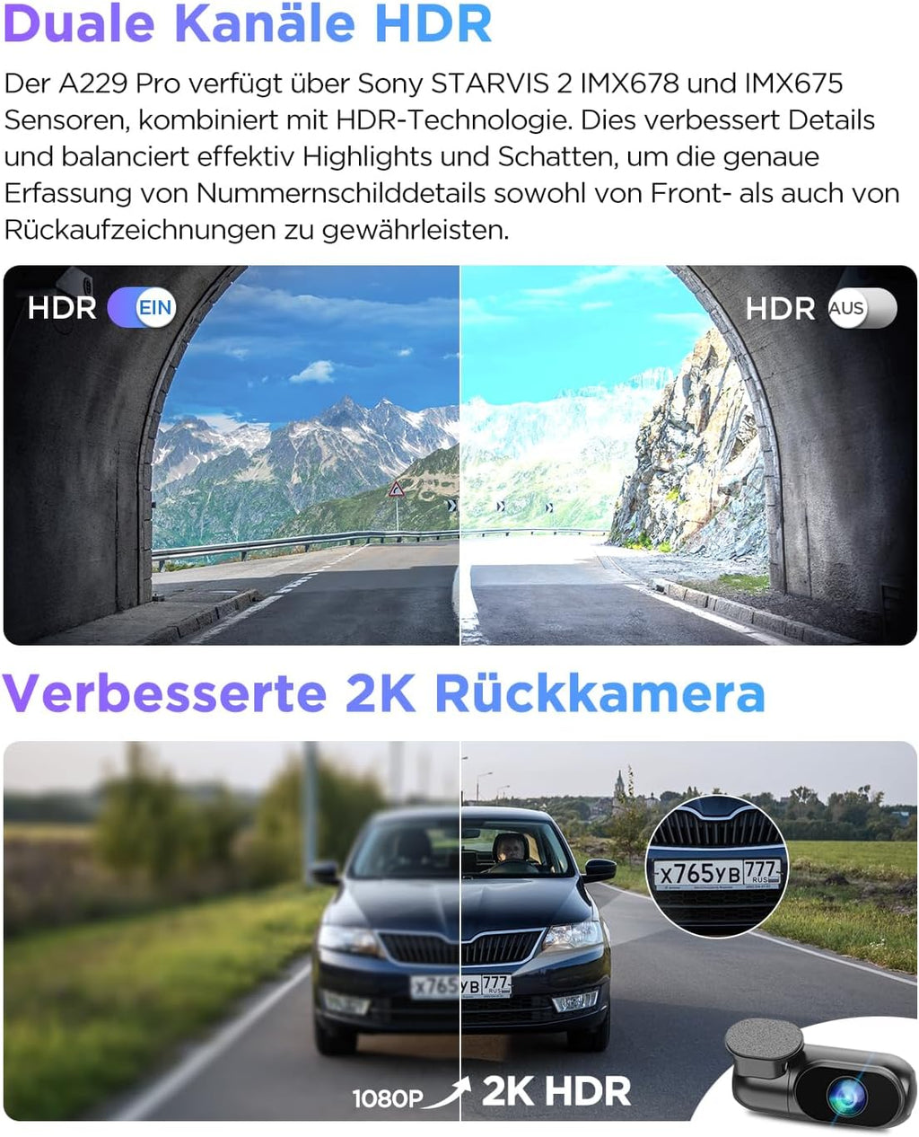 A229 Pro 4K+2K Dual STARVIS 2, HDR, Front+Rück-Dashcam, Sprachsteuerung/-ausgabe, 5GHz Wi-Fi, GPS+CPL, Super Nachtsicht 2.0, bis 512GB