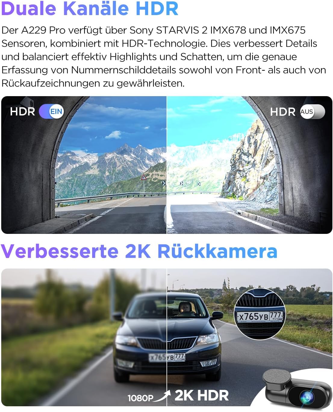 A229 Pro 4K+2K Dual STARVIS 2, HDR, Front+Rück-Dashcam, Sprachsteuerung/-ausgabe, 5GHz Wi-Fi, GPS+CPL, Super Nachtsicht 2.0, bis 512GB