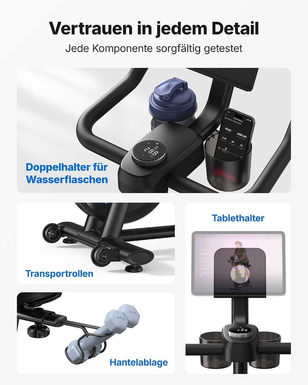 Leises Heimtrainer-Fahrrad, verstellbarer Widerstand, LED-Monitor, Tablet-Halter, Indoor-Cycling, für Cardio, eigene App, bis 136 kg