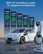 11kW Wallbox mit App + RFID, 3-Phasen Typ 2, 400V/6-16A, 8m Kabel + Halter, RCD Typ B, IP54, Startzeit-Einstellung, für BEV/PHEV