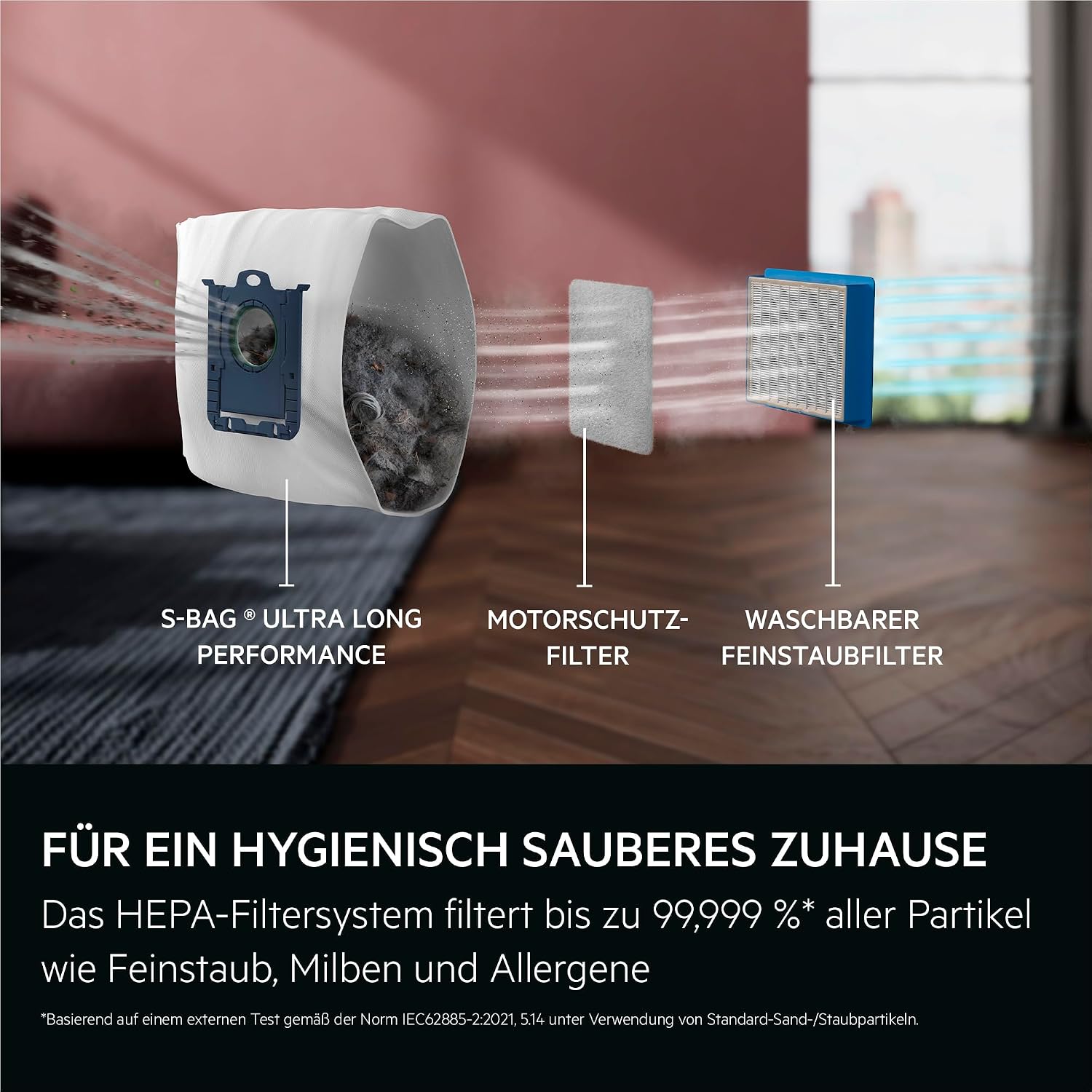 Staubsauger m. Beutel, 69 dB, HEPA, 5 L Beutel, Turbo-Düse für Tierhaare, 12 m, alle Böden, Zusatzdüsen, grau, VX9-5-EBR