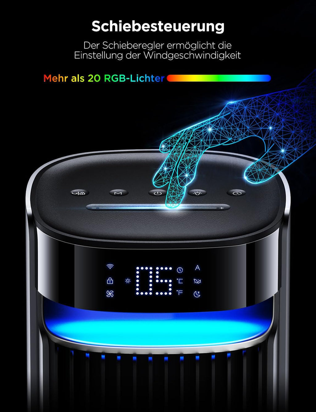 Leiser intelligenter Turmventilator, 12 Geschwindigkeiten bis zu 8 m/s, 5 Modi, 24-Stunden-Timer, 150° Oszillation, APP- und Sprachsteuerung, schwarz