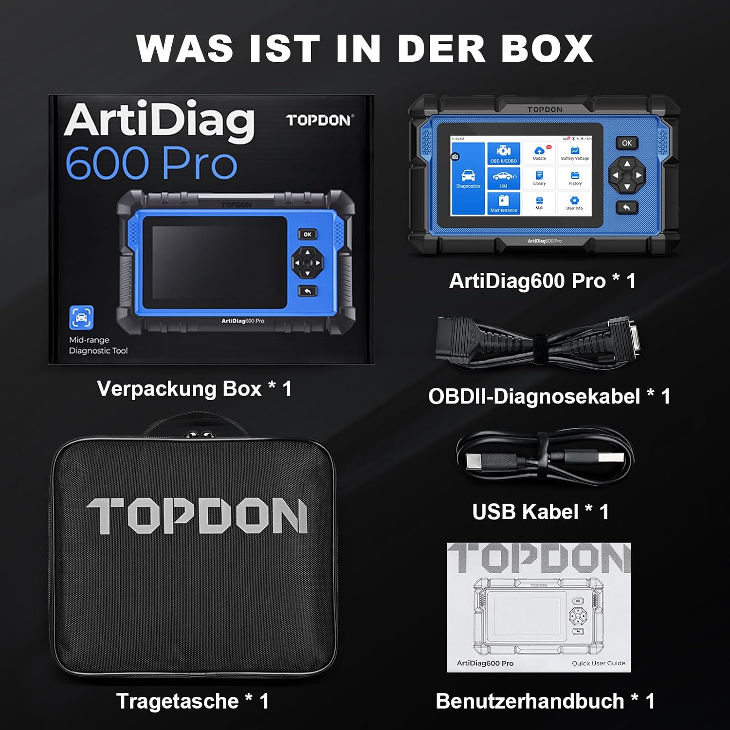 ArtiDiag600 Pro OBD2 Diagnosegerät für alle Fahrzeuge - 9 Servicefunktionen (Öl/ABS/DPF/SRS/SAS/Injektorcodierung)