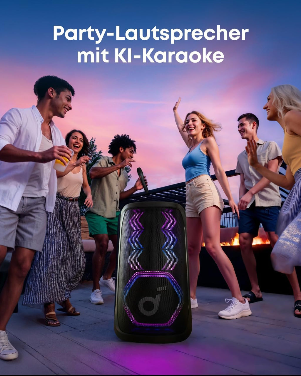 Rave 3S Partybox, KI-Karaoke, 2 kabellose Mikros, 200W, KI-Gesangsentfernung, Lichtshow, Auracast, 12h, Bluetooth-Lautsprecher für innen/außen